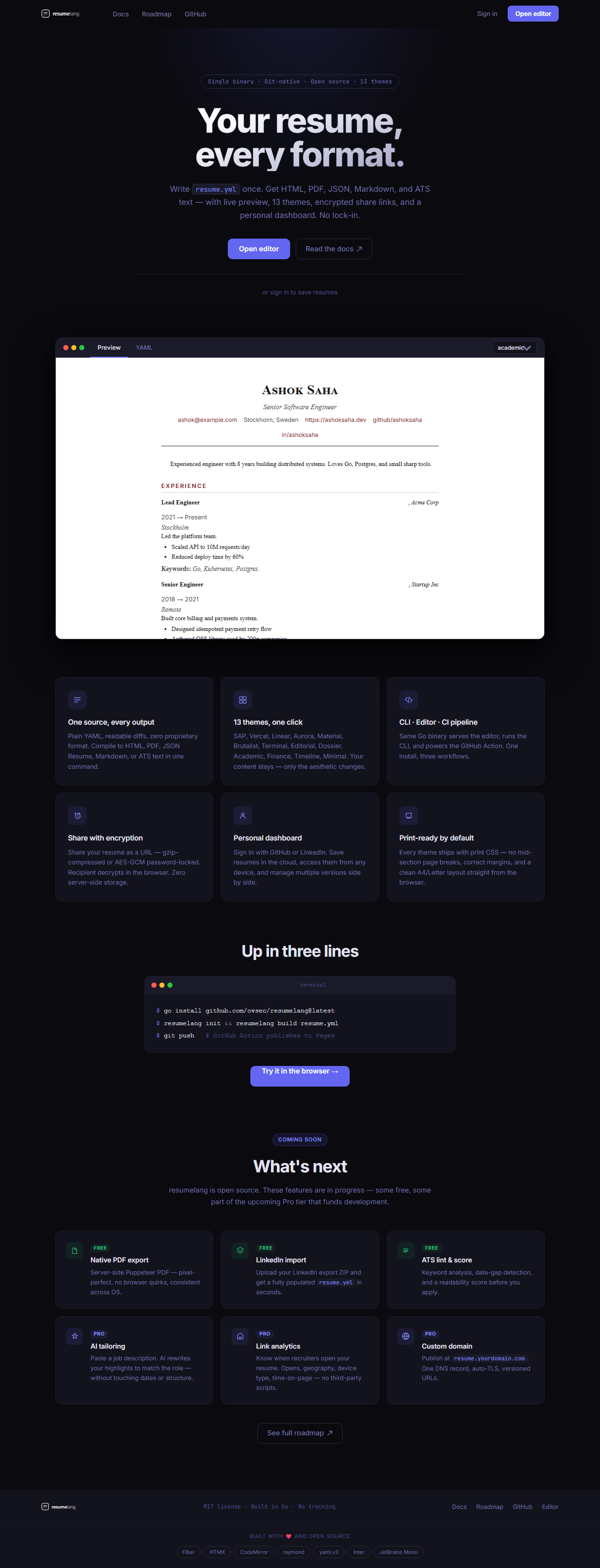 resumelang editor — YAML on the left, live resume preview on the right